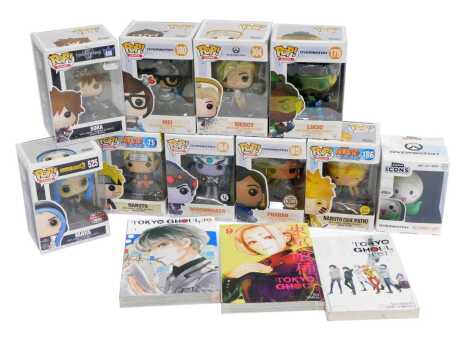 A group of Pop! figures, to include Phara, Overwatch 94 Widow Maker, Mercy, Mei, together with three Japanese Manga books.