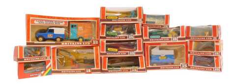 A group of Britains diecast farm vehicles and machinery, to include a hay baler, a Land Rover horse and horse box, tipping trailer, forage harvester, etc. (1 box)