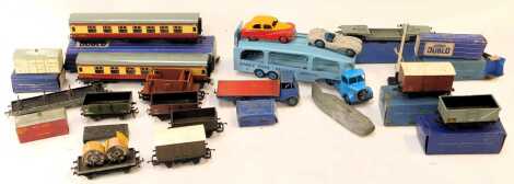 Diecast, to include a Dinky Toys Pullmore car transporter, Austin Somerset vehicle, trucks, Hornby Dublo D12 corridor coach, etc. (1 box)