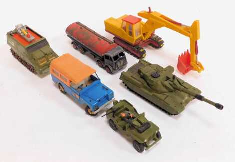 Diecast vehicles, to include Dinky Toys Chieftain tank, Dinky Foden tanker, Shadow 2 tank, Britains digger, etc. (1 tray)