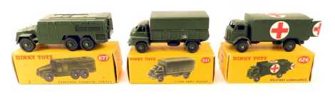 Three Dinky Toys vehicles, comprising a military ambulance 626, a three tonne army wagon 621, and an armoured command vehicle 677, boxed. (3)