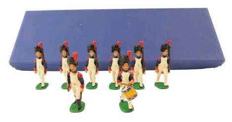 A set of eight painted lead soldiers, possibly 1st Empire French Napoleonic Imperial Old Guard, in full dress, boxed.