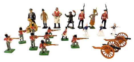 A group of lead soldiers and figures, including cannons, figures in military dress, lead figure of a lady with wash bucket on head, figure of a butcher, etc. (1 tray)