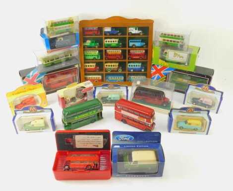 Diecast vehicles, to include display case containing various buses, Oxford diecast, Ford collection Vanguards Ford Transit van Southdown, Britbus scale models, Solido double decker bus, etc. (1 tray)