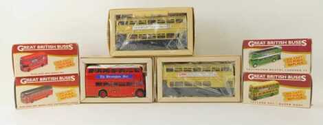 Three Corgi Classics diecast buses, comprising Daimler Fleet Line Birmingham City Transport (2), and a Guy Arrab Utility Midland Red Motor Service bus, together with four Great British Buses diecast vehicles. (1 tray)