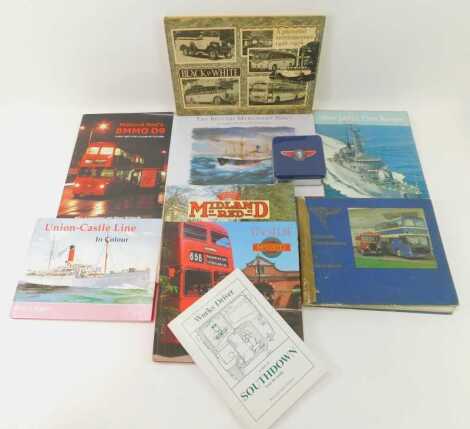 Various books relating to coach building, etc., to include Gavin Booth Alexander Coach Builders, Inside Midland Red, Glory Days Midland Red, further works relating to ships, Coaches Collection tin containing various coasters, etc. (1 box)