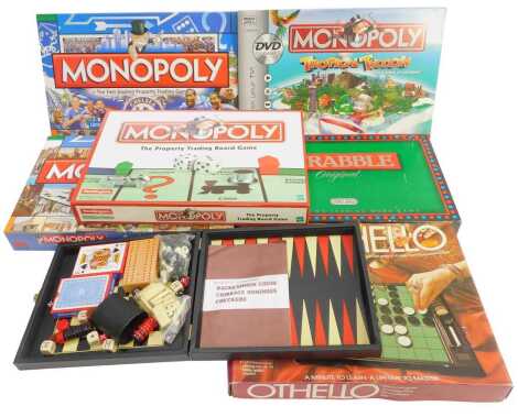 Board games, comprising Othello, Monopoly, Monopoly Lincoln Edition, Monopoly Chelsea Edition, Monopoly Tropical Tycoon Edition, Scrabble, and a games set. (1 box)