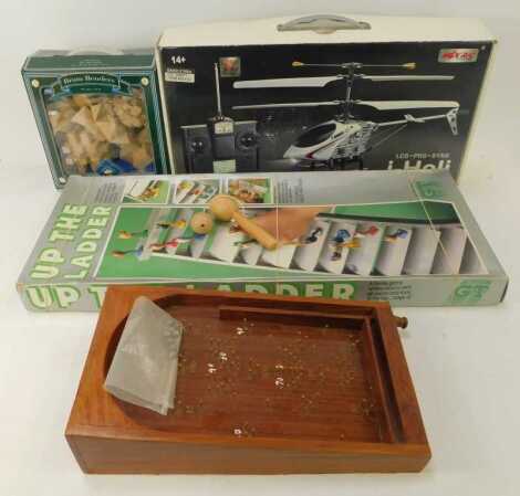 Various games, to include a Digital Proportional R-C helicopter, small bagatelle board, Up the Ladder game, etc. (a quantity)