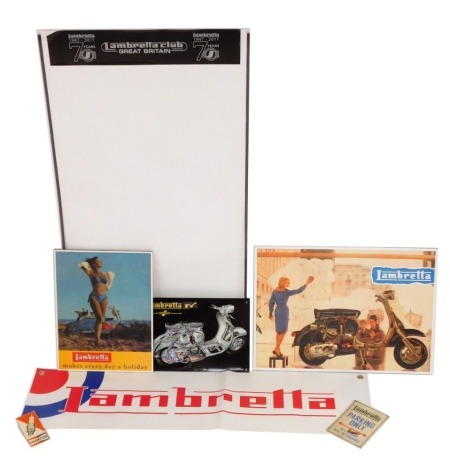 Lambretta reproduction signs and banners, including Lambretta TV175 2nd Series exploded diagram, Lambretta Makes Everyday a Holiday print on board, Lambretta banner, etc. (a quantity)