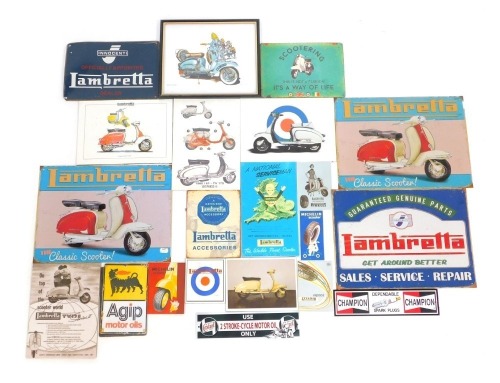 Lambretta, Pirelli and other reproduction tinplate signs, including Lambretta The Classic Scooter, BP Energol, Aget Motor Oils, Lambretta accessories, Pirelli scooter, Lambretta TV175 prints, etc. (a quantity)