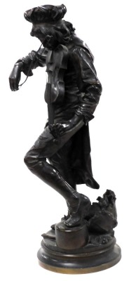 After Adrien Etienne Gaudez (French 1845-1902), 'Lulli Enfant', a bronze figure of a young violinist tuning his instrument, his foot raised on an upturned saucepan and with a cabbage at his feet, with circular socle base, inscribed, 73cm high. - 2