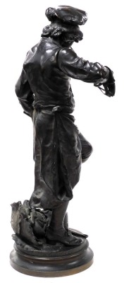 After Adrien Etienne Gaudez (French 1845-1902), 'Lulli Enfant', a bronze figure of a young violinist tuning his instrument, his foot raised on an upturned saucepan and with a cabbage at his feet, with circular socle base, inscribed, 73cm high. - 4