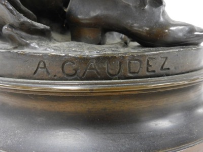 After Adrien Etienne Gaudez (French 1845-1902), 'Lulli Enfant', a bronze figure of a young violinist tuning his instrument, his foot raised on an upturned saucepan and with a cabbage at his feet, with circular socle base, inscribed, 73cm high. - 6