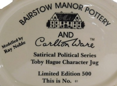 A large Bairstow Manor pottery Toby Hague character jug, in association with Carlton ware, satirical political series, limited edition 61/500, modelled by Ray Noble. - 3