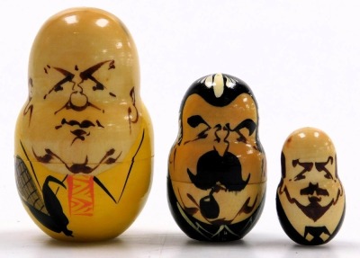 A graduated set of seven USSR matryoshka dolls, depicting the leaders of the Soviet Union, comprising Lenin, Stalin, Khrushchev, Brezhnev, Gorbachev, first president of Russia Boris Yeltsin and Vladimir Putin. - 2