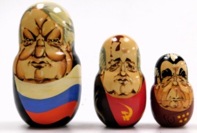 A graduated set of seven USSR matryoshka dolls, depicting the leaders of the Soviet Union, comprising Lenin, Stalin, Khrushchev, Brezhnev, Gorbachev, first president of Russia Boris Yeltsin and Vladimir Putin. - 3