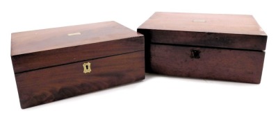 A Victorian mahogany sewing box, with brass escutcheons, the hinged lid opening to reveal a fitted tray top, 28cm wide, 21cm deep, together with a Victorian mahogany writing slope, 30cm wide, 23cm deep. (2)(AF)