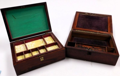 A Victorian mahogany sewing box, with brass escutcheons, the hinged lid opening to reveal a fitted tray top, 28cm wide, 21cm deep, together with a Victorian mahogany writing slope, 30cm wide, 23cm deep. (2)(AF) - 2