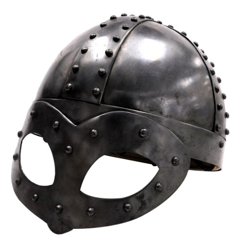 A replica Viking steel mask helmet, with leather lining and straps.