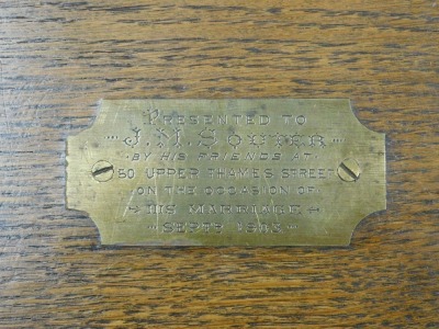 An Edwardian oak canteen box, for Elkington & Company Limited, the lid with brass plate, presentation engraved, and dated Septr 1903, 40.5cm wide, 32cm deep. - 2