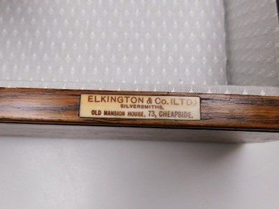 An Edwardian oak canteen box, for Elkington & Company Limited, the lid with brass plate, presentation engraved, and dated Septr 1903, 40.5cm wide, 32cm deep. - 4