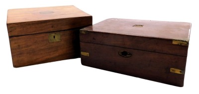 A Victorian mahogany writing box with brass escutcheons, opening to reveal a fitted interior, 26cm wide, 22cm deep, and a mahogany workbox with brass strapwork, opening to reveal a vacant interior, 30cm wide, 22.5cm deep.