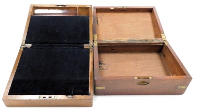 A Victorian mahogany writing box with brass escutcheons, opening to reveal a fitted interior, 26cm wide, 22cm deep, and a mahogany workbox with brass strapwork, opening to reveal a vacant interior, 30cm wide, 22.5cm deep. - 2