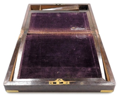 A Victorian rosewood and brass bound writing slope, opening to reveal a fitted interior, 30cm wide, 23cm deep. - 2