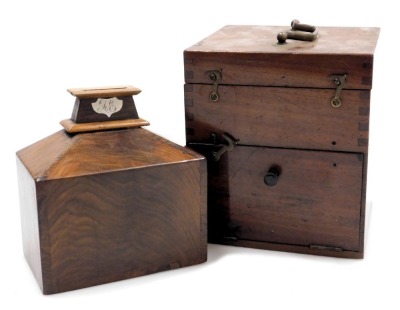 A Victorian mahogany cased electropathy machine, with a partially fitted interior, 17cm wide, together with a Victorian mahogany and rosewood banded money box, 15cm wide. (2)(AF)