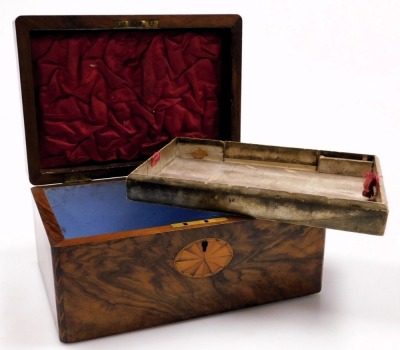 An Edwardian walnut, feather banded and paterae inlaid workbox, opening to reveal a tray top interior, 25.5cm wide, 18cm deep. - 2