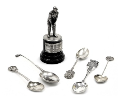 A group of golfing and sporting related silverware, comprising golfing teaspoons, Army Rifle Association teaspoon, 2.16oz, and a Brig Gen HE Stockdale Sywell Cricket Club trophy for 1936.