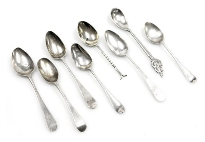 Eight various Victorian and later silver teaspoons, comprising six Old English pattern, twist stem, and a souvenir spoon for Denmark, 2.65oz.