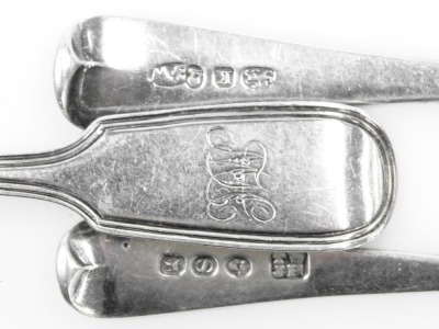 Seven various silver teaspoons, each bearing initials, Old English pattern and others, 3.75oz. (7) - 2