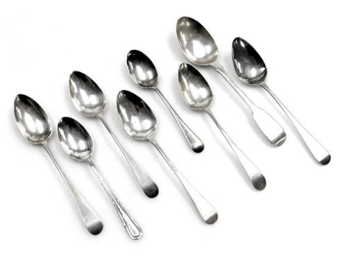 Eight various Victorian and later silver Old English pattern and other teaspoons, 3.61oz.