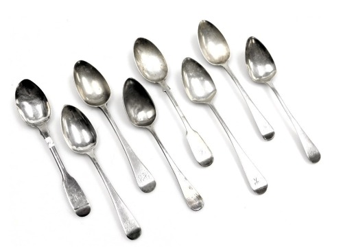 Eight various Victorian and later Old English pattern teaspoons, some bearing rubbed initials, 3.89oz.