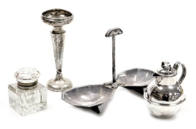 A group of silver and other tableware, comprising a silver stem vase, with weighted base, Chester 1942, a silver plated Arts and Crafts style coffee pot, a cut glass and brass inkwell, and an Elkington Art Deco plate sweetmeat dish. (4)