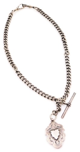 A silver curb link watch chain, with two clips and T bar, and a shield fob, 48cm long, 77.4g.