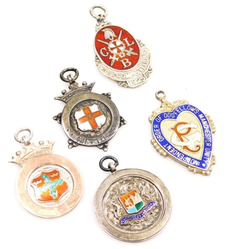 Five silver shield fobs, each enamel set, comprising CLB Competitions 1925, Virtute et Industria, an Independent Order of Odd Fellows Manchester Unity crest, England crest and a silver and silver gilt NTL crest, 47.7g all in. (5)