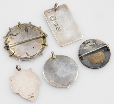 Various silver crests and pendants, comprising an 1830 silver coin brooch, enamel decorated, a Sutton Coldfield Study Circle silver and enamel pendant, a silver and enamel Saltaire Shipley and District Rose Society badge, a shield fob, and a dog tag penda - 2