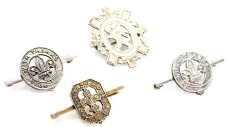 Three Scouting related badges, comprising two silver coloured With Thanks, and a gold coloured Thanks badge, and a silver lion and thistle crested brooch, 8.2g. (4)