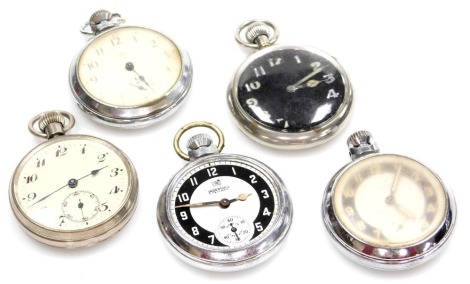 Five various silver plated and other pocket watches, comprising a Smiths Empire stainless steel case, an Ingersoll Triumph, a military watch, and two unmarked, each bezel wind. (5, AF)