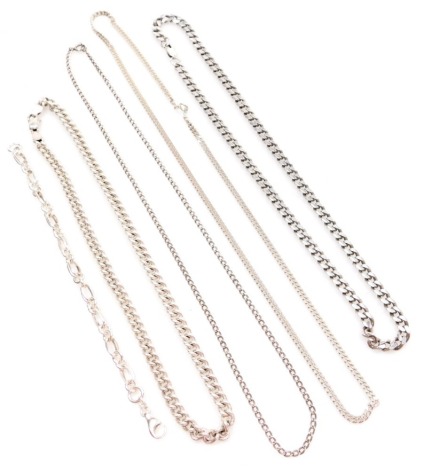 Five various white metal and other chains, comprising curb link neck chains, flattened curb chains, figaro stye bracelet, etc., some stamped 925, 125.9g all in.