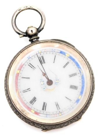 A Continental pocket watch, with engine engraved case, with flowers and vacant cartouche, white metal stamped 935, with a white enamel Roman numeric dial, with gold markers, 50.8g all in.