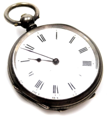 A 19thC pocket watch, with white enamel Roman numeric dial, with blue hands, engine engraved floral case, key wind, white metal stamped fine silver, 42.3g all in.