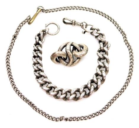 A group of silver and other jewellery, comprising a silver curb link bracelet, with bolt ring clasp and clip, 22cm long, a twist rope brooch on swing back with hammer decoration with white metal, unmarked, 3.5cm wide, 60.7g all in, and a silver plated cha