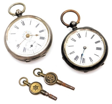 Two late 19thC/early 20thC pocket watches, each with foliate scroll outer case, each with white enamel dial, one with blue border and transfer printed flowers, white metal stamped 800, one lacking glass, 80.7g all in. (AF)