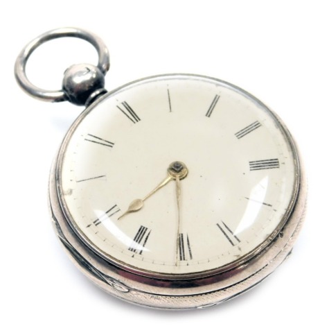 A Victorian silver pocket watch, with white enamel Roman numeric dial, and gold hands, with a movement stamped 3847, Birmingham 1845, 98.1g all in.