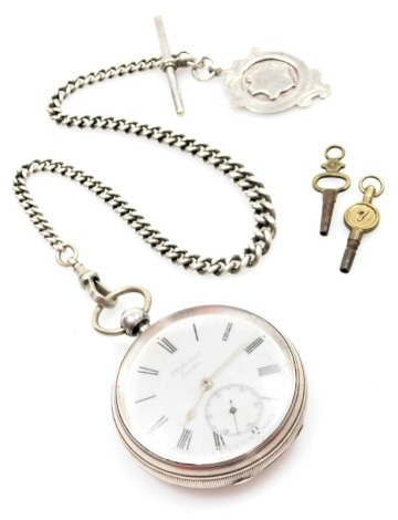 A Victorian silver pocket watch, by J W Benson of London, with white enamel Roman numeric dial, seconds dial and gold hands, key wind, London 1891, with later silver curb link watch chain, with clip, T bar and crested fob, 30cm long, 165.3g all in.