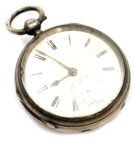 A Victorian silver pocket watch, white enamel Roman numeric dial, seconds hand, gold hands, the case with engine engraved decoration with a vacant cartouche, key wind, London 1888, 112g all in.