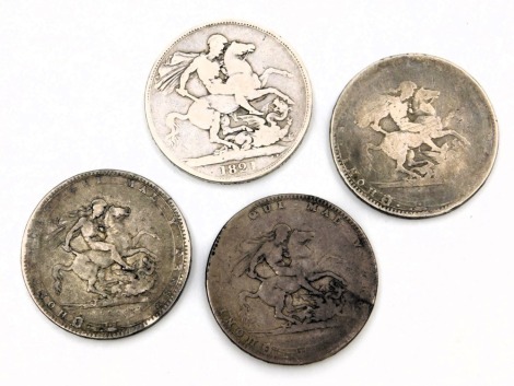 Four George III and later silver crowns, comprising 1830, 1821, 1820, and a further with rubbed date, 113.5g all in. (4)